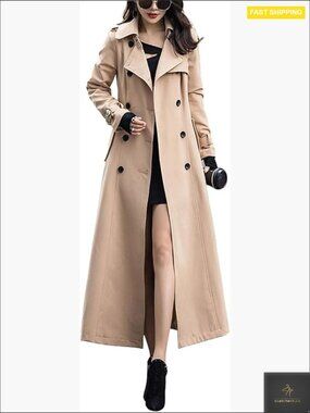 Double Breasted Maxi Trench Coat Office Dressy Overcoat Windproof Classic Long